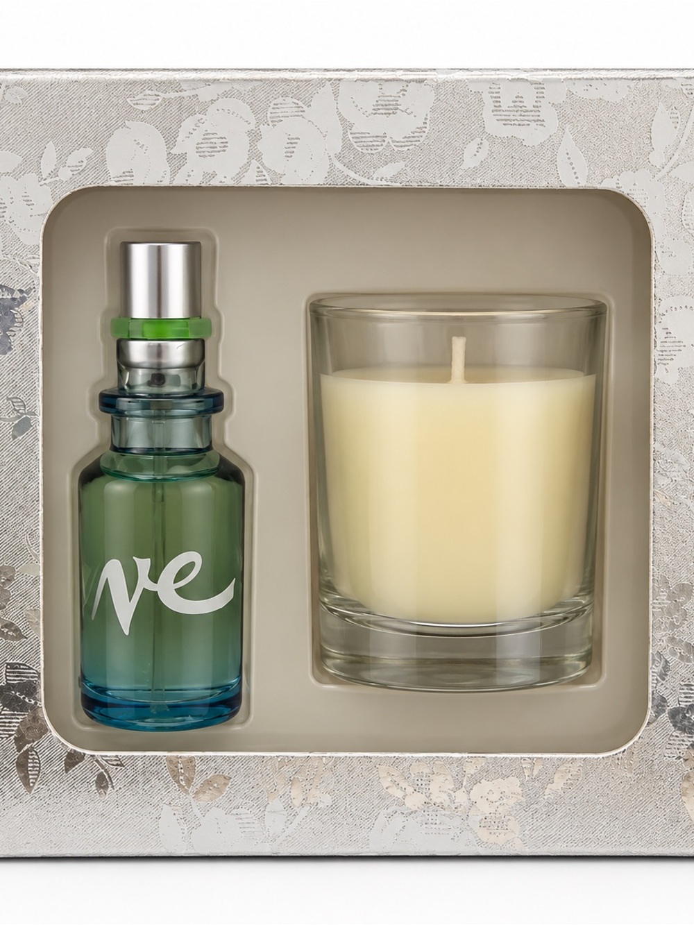 've' Green Glass Diffuser with Cream Scented Candle Set